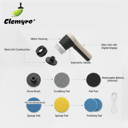 Clemyro® Cordless Electric Spin Scrubber with LED Battery Display – Multi-Surface Cleaning Tool